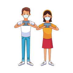 young couple wearing medical mask using technology characters