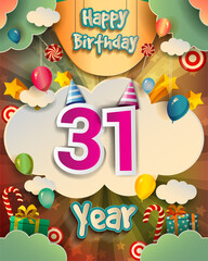 31st Birthday Celebration greeting card Design, with clouds and balloons. Vector elements for anniversary celebration.