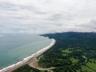 Beautiful aerial view of the majestic whale tale in the beach of the National park Marino Ballena in Costa Rica 