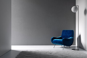 Gray minimalism interior with blue armchair, floor lamp and carpet. 3d render illustration mock up.