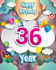 36th Birthday Celebration greeting card Design, with clouds and balloons. Vector elements for anniversary celebration.