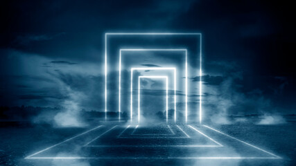 Dark street, wet asphalt, reflections of rays in the water. Abstract dark blue background, smoke, smog. Empty dark scene, neon light, spotlights. Concrete floor