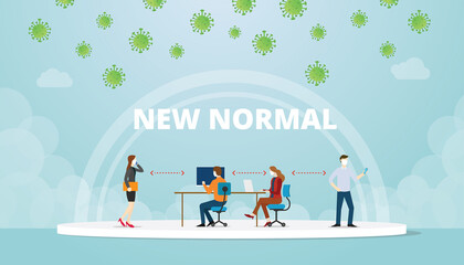 new normal office work life balance situation with mask and social distance concept with modern flat style vector illustration