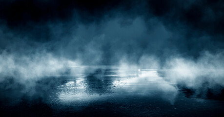 Dark street, wet asphalt, reflections of rays in the water. Abstract dark blue background, smoke,...