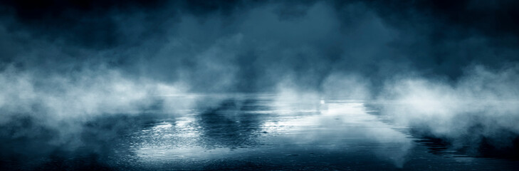 Dark street, wet asphalt, reflections of rays in the water. Abstract dark blue background, smoke, smog. Empty dark scene, neon light, spotlights. Concrete floor