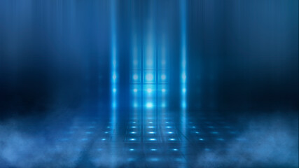 Fototapeta premium Dark street, wet asphalt, reflections of rays in the water. Abstract dark blue background, smoke, smog. Empty dark scene, neon light, spotlights. Concrete floor