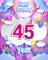 Fototapeta na wymiar 45th Birthday Celebration greeting card Design, with clouds and balloons. Vector elements for anniversary celebration.