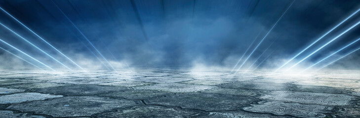 Dark street, wet asphalt, reflections of rays in the water. Abstract dark blue background, smoke, smog. Empty dark scene, neon light, spotlights. Concrete floor
