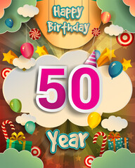 50th Birthday Celebration greeting card Design, with clouds and balloons. Vector elements for anniversary celebration.