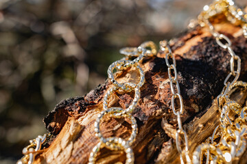 This season, multi-tiered chains of different types and sizes are fashionable. Faceted Golden links of the metal alloy dry hanging on the branches, bark and wood from the elements of nature. Details o