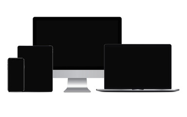 tablet, pc, laptop and mobile phone with turned off screens on white background. Ideal for web design, marketing and social media. 