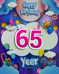 65th Birthday Celebration greeting card Design, with clouds and balloons. Vector elements for anniversary celebration.