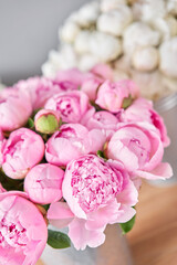 Different varieties of peonies in a metal vases. Beautiful peony flower for catalog or online store. Floral shop concept . Beautiful fresh cut bouquet. Flowers delivery © malkovkosta