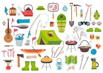 A Camping equipment collection. Vector travel set