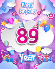 Fototapeta premium 89th Birthday Celebration greeting card Design, with clouds and balloons. Vector elements for anniversary celebration.