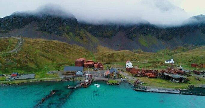 AERIAL Bay and old whaling station / Grytviken, South Georgia, British Overseas Territory