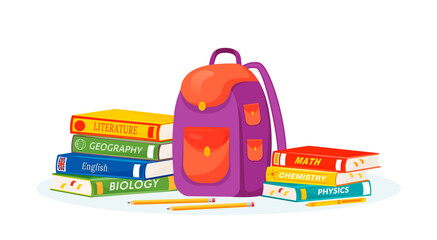 Pupil rucksack and textbooks flat concept vector illustration