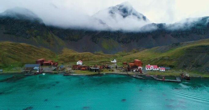 AERIAL Bay and old whaling station / Grytviken, South Georgia, British Overseas Territory