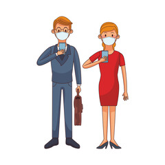 young couple wearing medical mask using technology characters