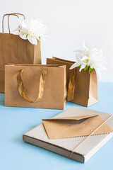 Zero waste concept, kraft brown paper bags and envelope on blue white background. 