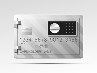 Credit card with Electronic lock picture. Bank card with image combination lock on front side. Plastic card with steel safe. Debit card with electromagnetic locking devices chip illustration