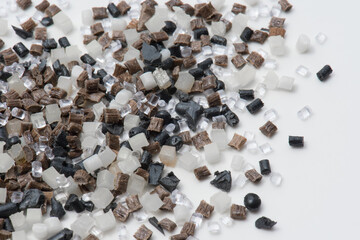brown, black white an transparent polymer granulate and regrind for injection moulding industry