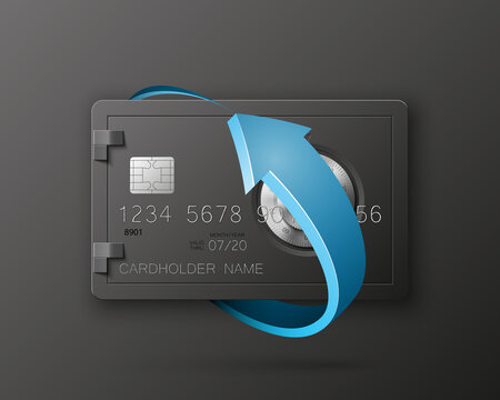 Credit card with Electronic lock in round arrow. Update banking with image combination lock on front side. Plastic card with steel safe software. Debit card with electromagnetic locking devices chip
