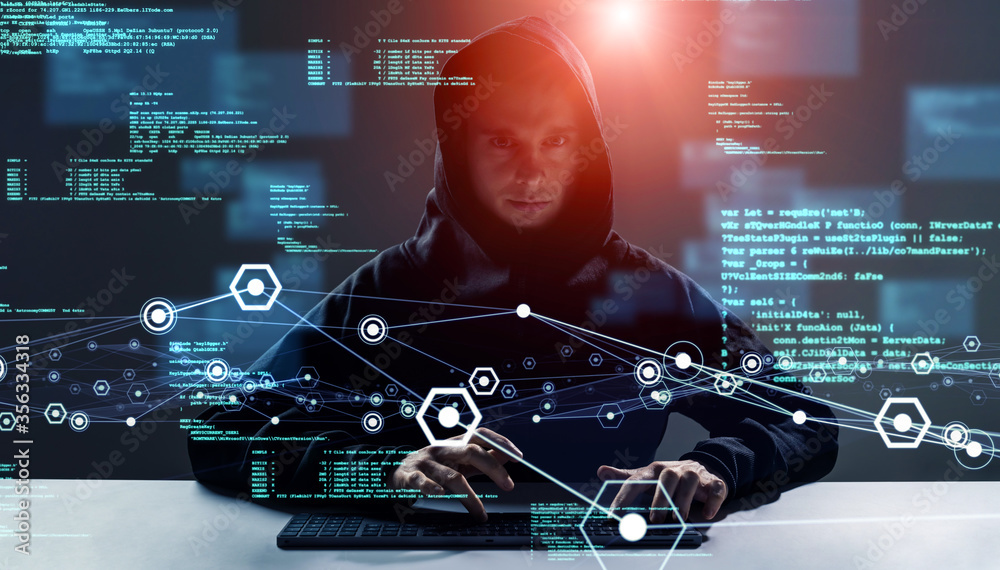 Poster Hacker. Cyber security concept. Encryption. Data protection. Anti virus software. Communication network.