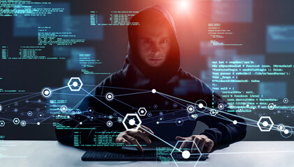 Hacker. Cyber security concept. Encryption. Data protection. Anti virus software. Communication...