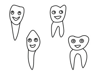 Set of cute teeth incisors, canines, premolars, molar drawn in cartoon style. Isolated on a white background. Illustration of esthetic dentistry and orthodontics. Vector illustration in Doodle style