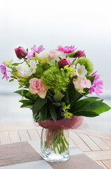 Beautiful bouquet of spring flowers, pink, white and purple tones