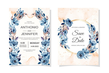 wedding invitation card with feather and floral with watercolor