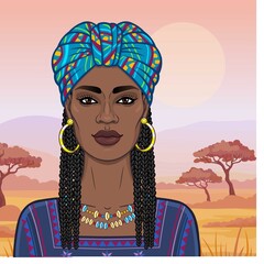 Animation portrait of the beautiful  black woman in a turban and Afro braids. Color drawing. Background - a landscape savanna, mountains, sunset. Vector illustration.
