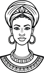 Animation portrait of the young African woman in a turban. Monochrome linear drawing. Vector illustration isolated on a white background. Print, poster, t-shirt, card.