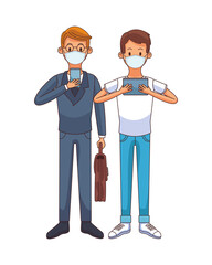 young men wearing medical masks using technology characters
