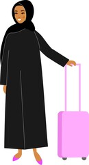 Vector colorful illustration of traveling journey muslim female in modern clothes hijab.