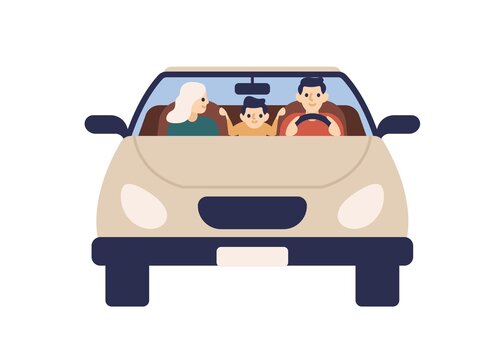 Happy family riding on car together front view vector flat illustration. Smiling father, mother and son ride on automobile together isolated on white. Cheerful male driver and passengers at vehicle