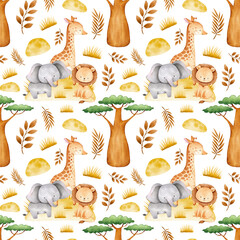 Watercolor seamless pattern with cute baby giraffe, elephant, lion, trees and plants. Illustrated African safari repeatable background for scrapbooking, wrapping paper, cards and other purposes. © PaperAndTater