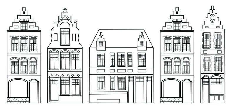 Set of European houses in the sketch style.Postcard background in black, white.Scandinavian city. Sketch for anti-stress adult coloring book in zen-tangle style. Vector illustration for coloring page 