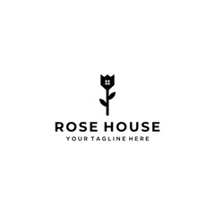 Beauty Rose house logo with house vector logo design template, minimal line petal beauty salon sign.
