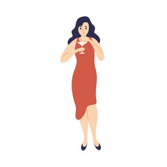 Fashionable young woman drinking cocktail with straw vector flat illustration. Elegant lady in dress with alcohol beverage at event isolated on white. Glamour female standing with glass