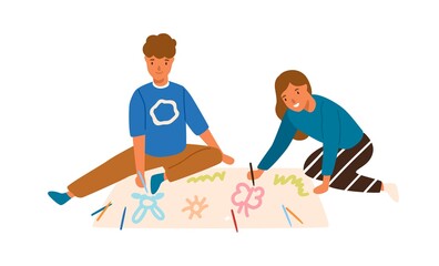 Smiling boy and girl drawing create pictures use colorful pencil together vector flat illustration. Happy children painting picture on paper isolated on white. Joyful kids sitting on floor