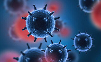 Illustration of virus cells or bacteria molecule under microscope. Abstract 3d illustration corona virus cells.Pathogen respiratory influenza. Flying Covid virus cells