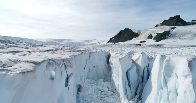 AERIAL MS Cracked Surface Of Laing Glacier / King George Island, South Shetland Islands, Antarctic Peninsula, Antarctica