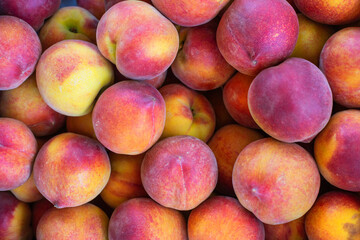 Red and yellow peach background, top view, close up