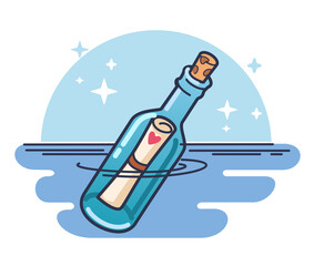 Message in bottle, bottle with message on the ocean. Vector illustration