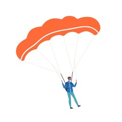 Active guy enjoying parachuting extreme sport vector flat illustration. Male skydiver practicing dangerous hobby with parachute isolated on white. Colorful parachutist with professional equipment