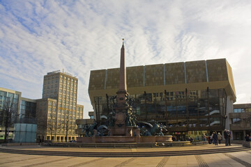 Mendebrunnen fountain and Gevandgaus in Leipzig