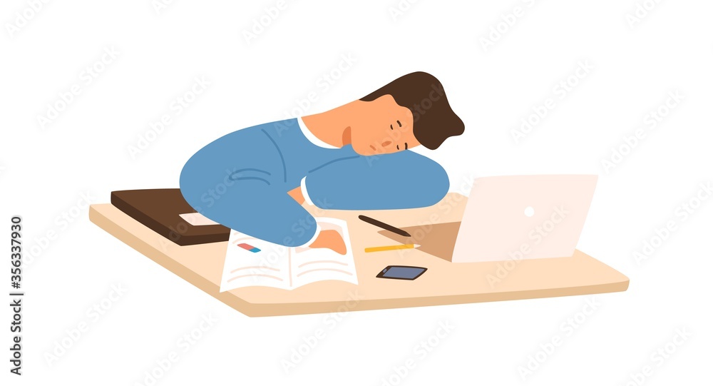 Poster Tired student guy sleeping on table in front of laptop during prepare to exam vector flat illustration. Exhausted pupil lying on desk surrounded by paper notebook and book isolated on white