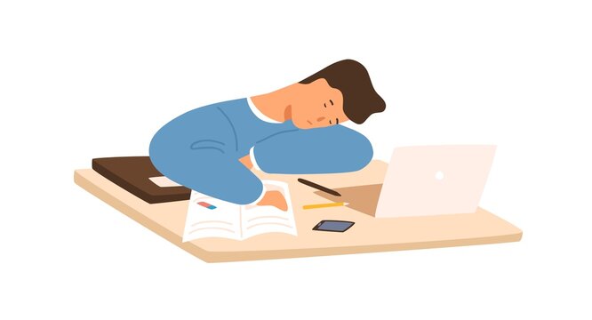 Tired student guy sleeping on table in front of laptop during prepare to exam vector flat illustration. Exhausted pupil lying on desk surrounded by paper notebook and book isolated on white